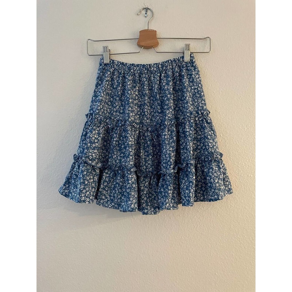 Shein Layered Tiered Blue Ditsy Floral Mini Skirt XS/S Ruffle Frill Trim Boho - Picture 4 of 8